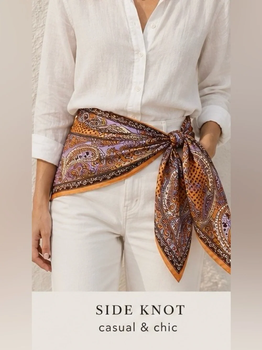 Silk Printed Scarf in Orange, Purple & Brown